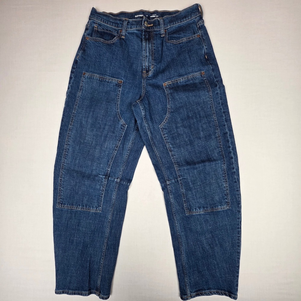 Old Navy High-Rise Barrel Leg Jeans Womens 10 Blue  Double Knee Denim Spandex